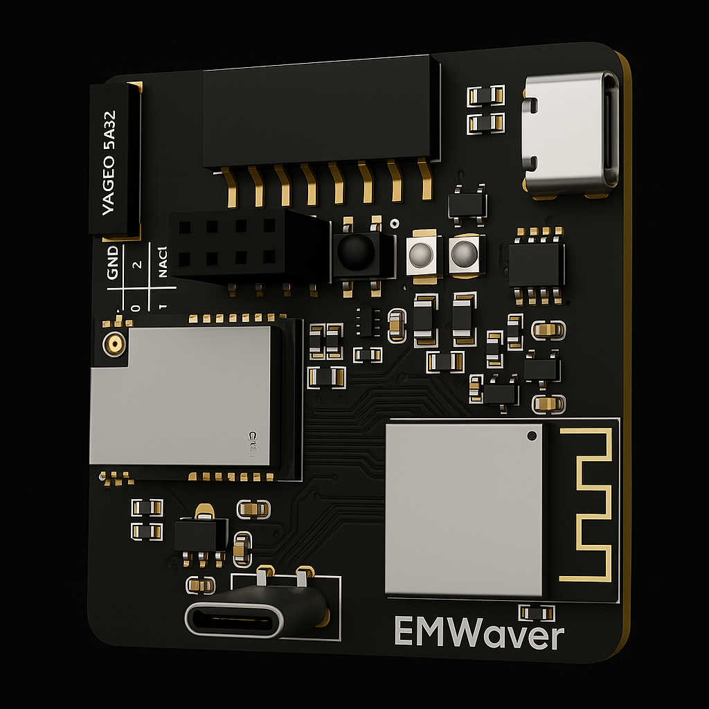 A studio render of the EMWaver Air board showing the ESP32-S3 with PCB antenna, a CC1101-class sub-GHz radio can, IR, and USB-C
