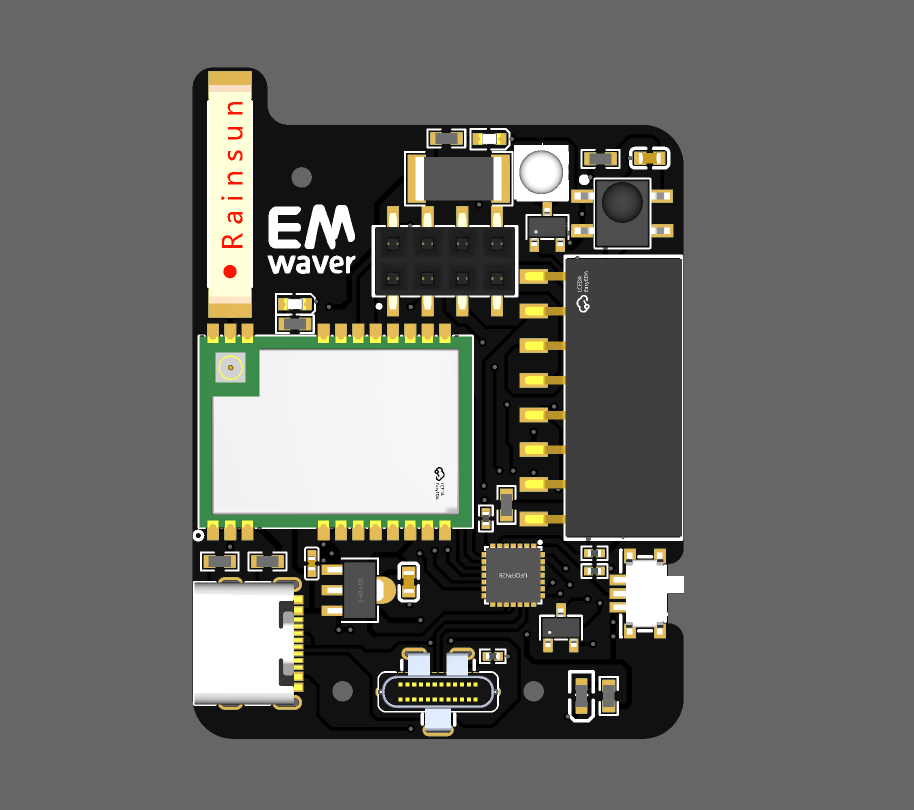 A clean 3D render of an EMWaver board carrying a CC1101-class 433 MHz radio module, an IR emitter, USB-C, and an expansion header