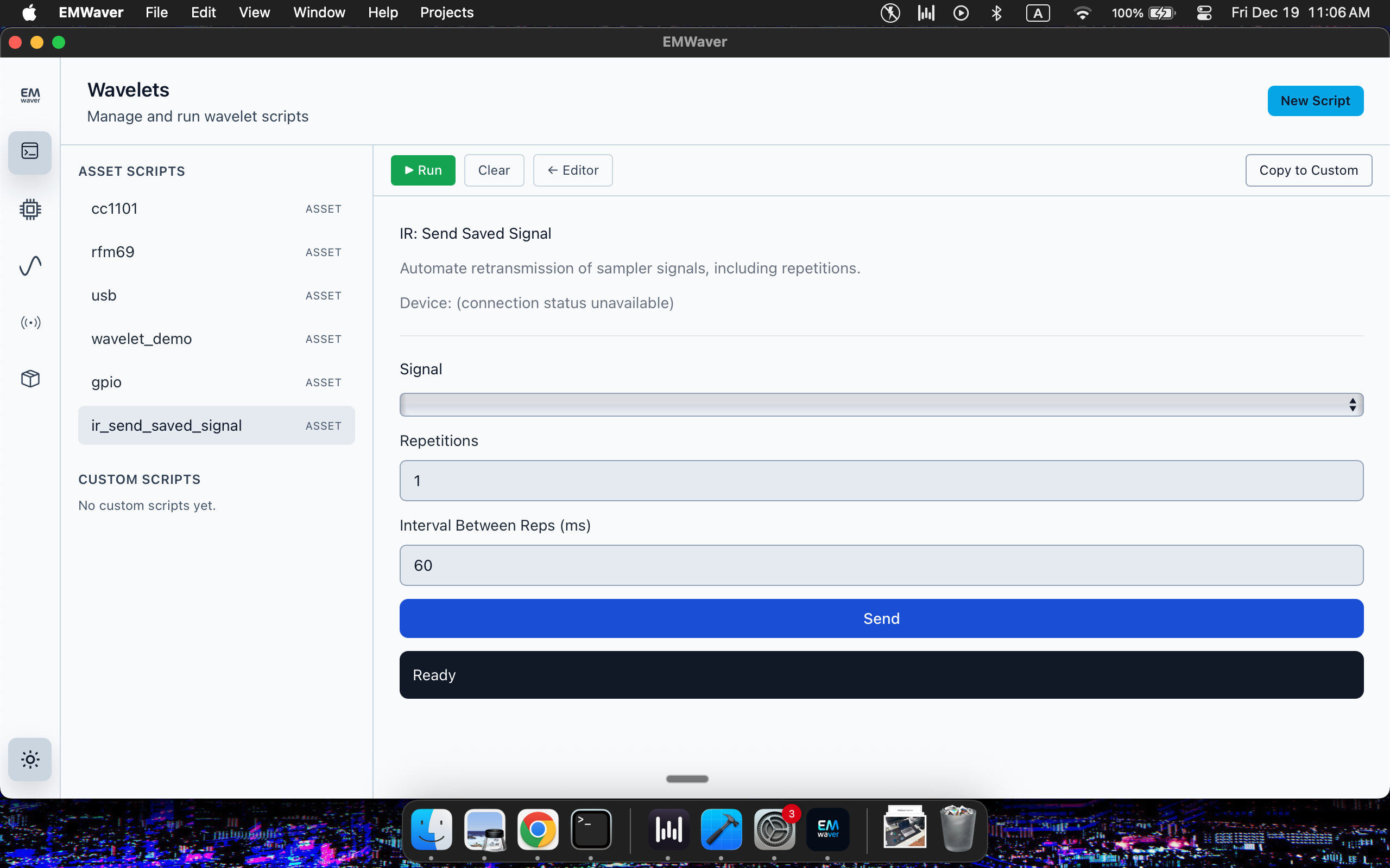 The native macOS EMWaver app showing the Wavelets script manager and an IR retransmission script