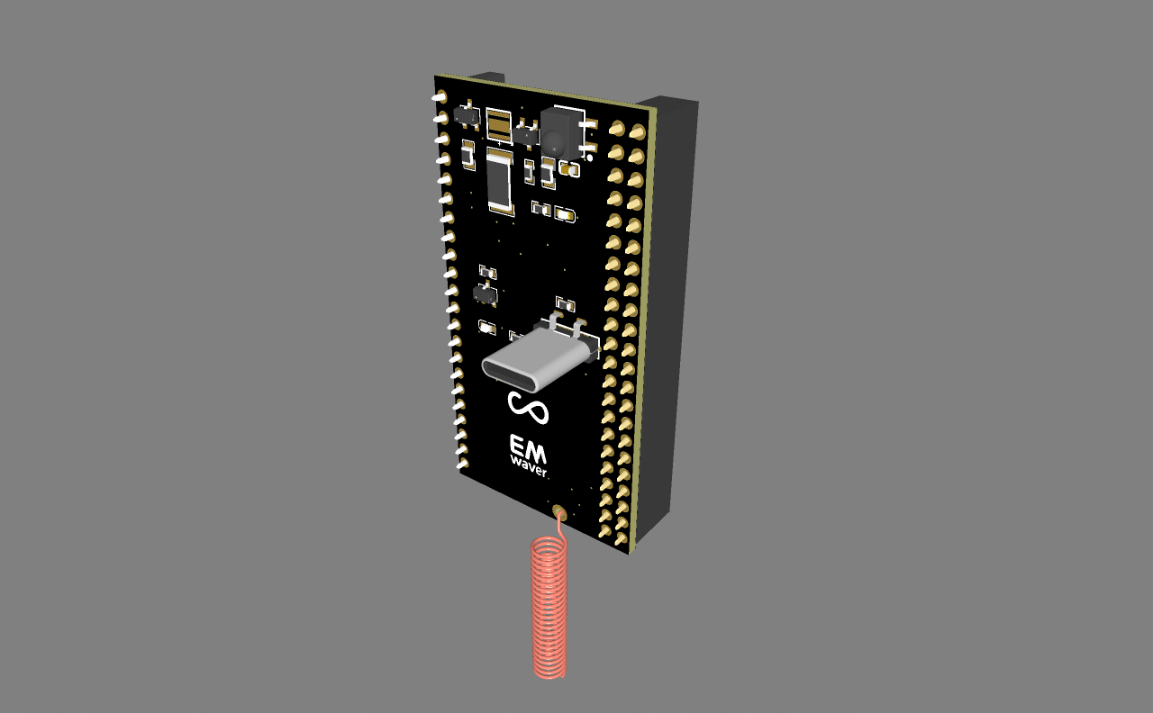 A render of an EMWaver board with a CC1101-class sub-GHz radio module and a coil helical 433 MHz antenna